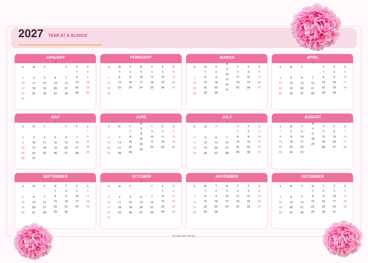 2027 Year-at-a-glance Floral Calendar with peonies - landscape orientation