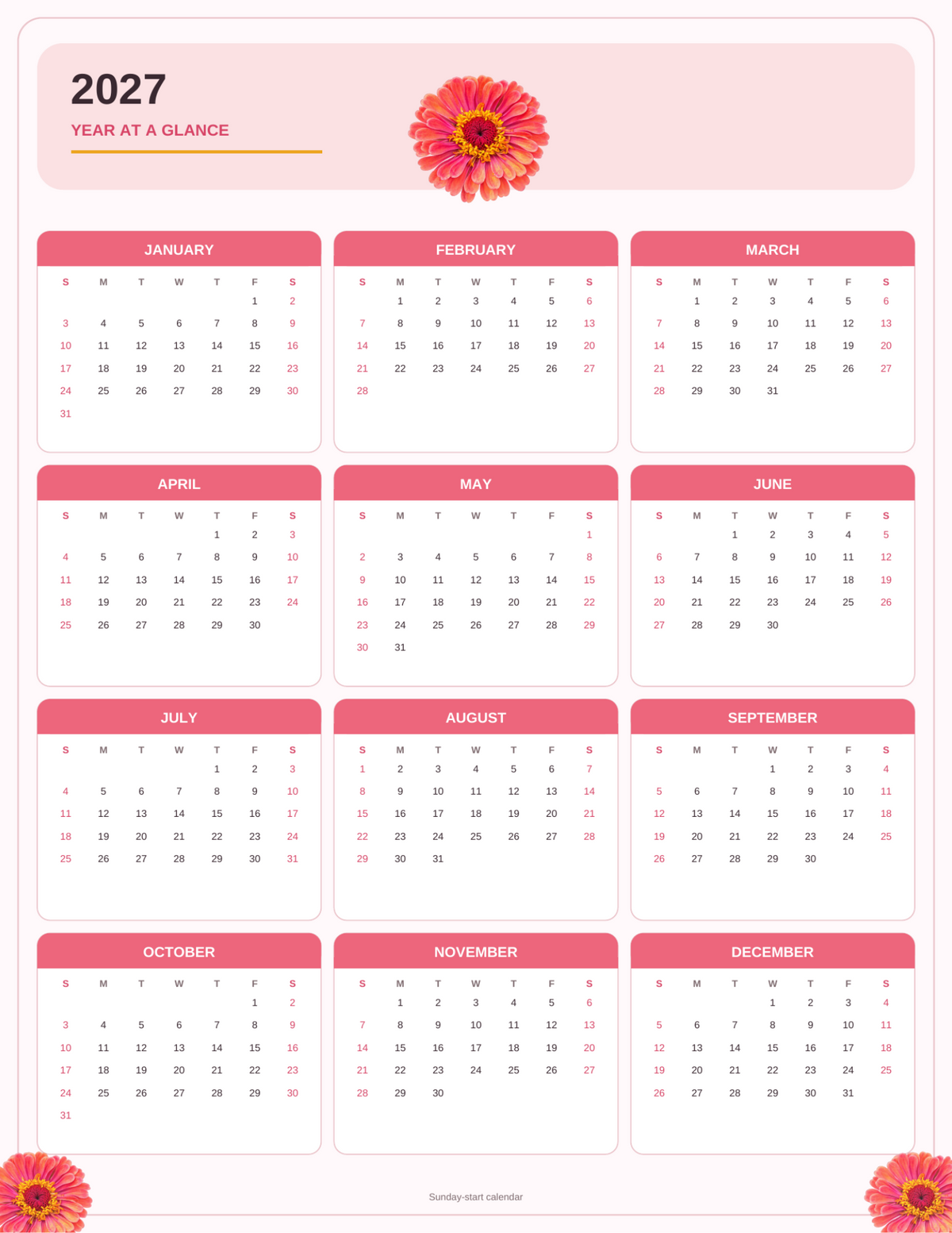 2027 Year-at-a-glance calendar-portrait orientation