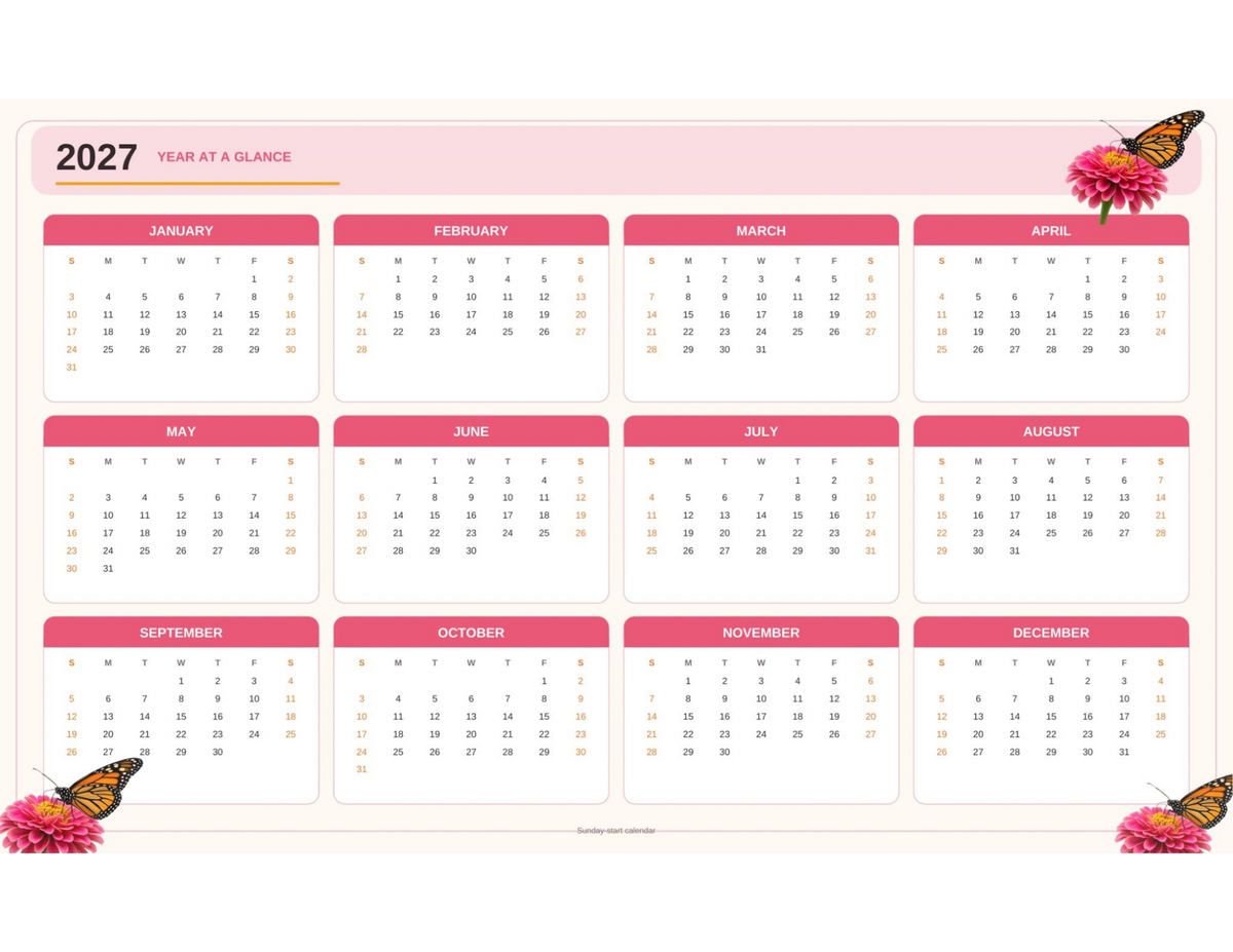 2027 at-a-glance calendar with butterflies and flowers - landscape orientation