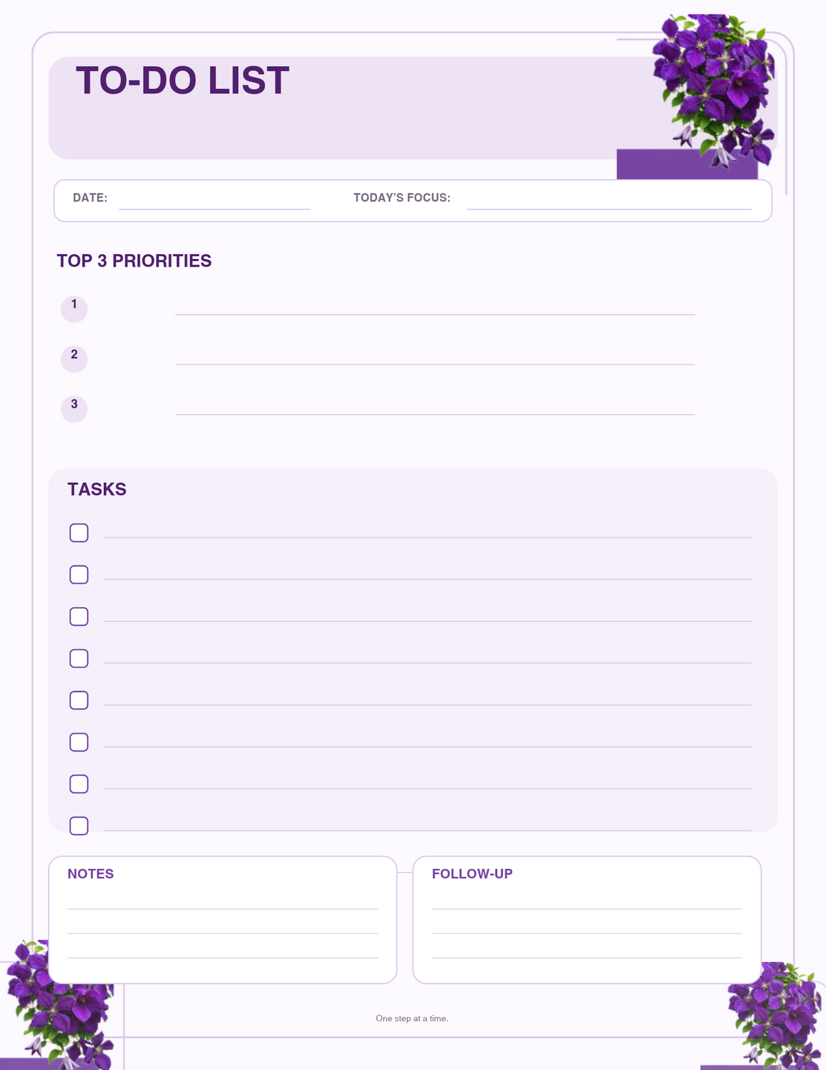 To-do list with purple clematis flowers - portrait orientation