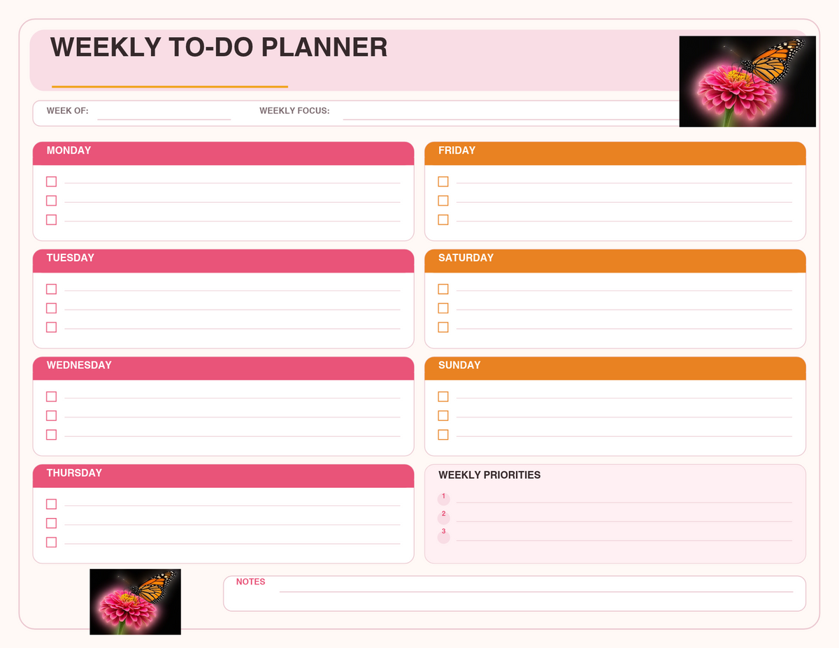Weekly to-do planner with butterfly on top of a zinnia - landscape orientation