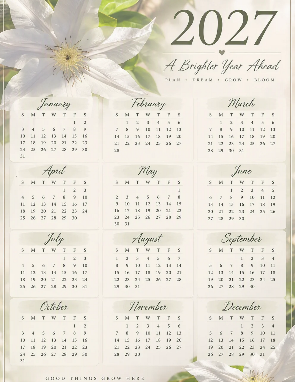 2027 Year-at-a-glance calendar with white clematis flower -portrait orientation