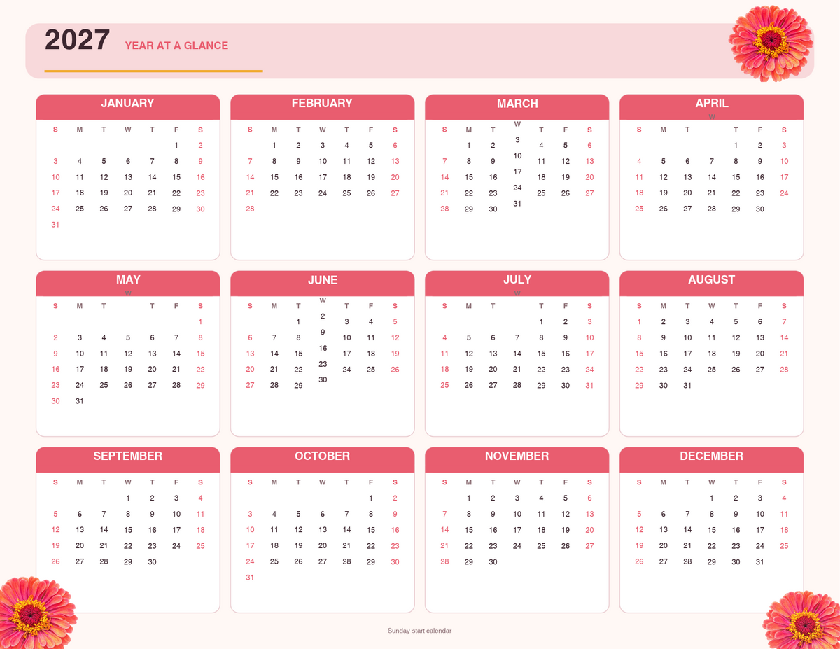 2027 Year-at-a-glance Printable Floral Calendar- landscape orientation